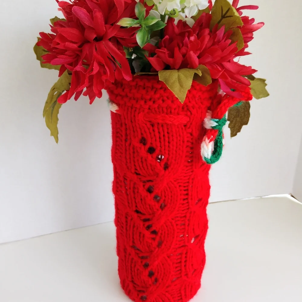 Hand Crafted Bottle Vase Cover Red Holiday Bar Cart Essential Botanical